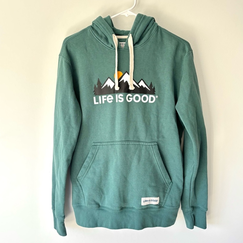 Life Is Good Teal Green Hoodie Sweatshirt Mountain Graphic Outdoor Loungewear